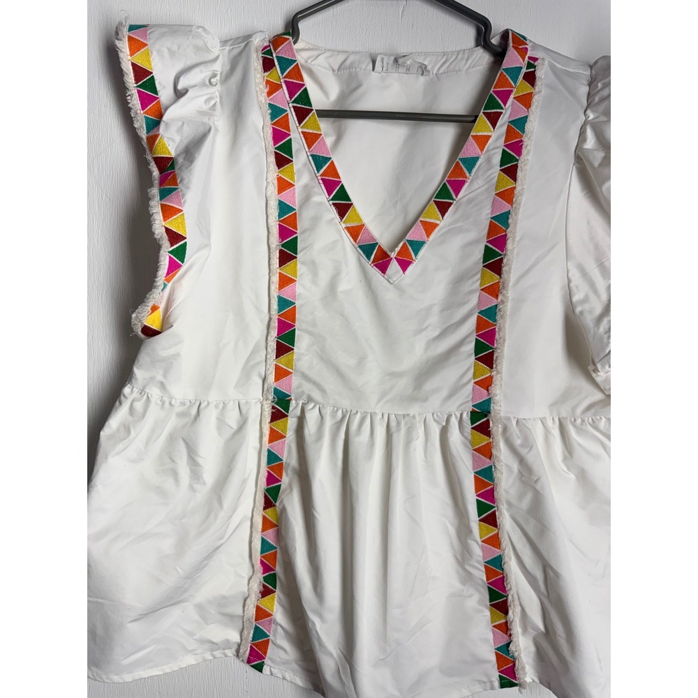 THML White Flutter Sleeve Peplum Top Embroidered V-Neck Boho Blouse Small - Picture 3 of 8